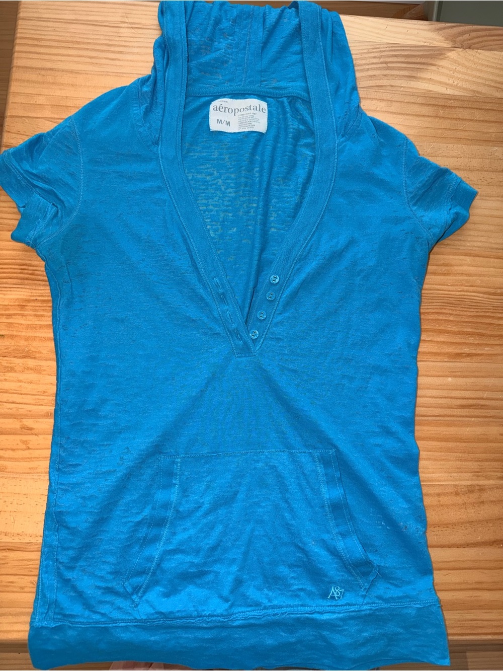 Aeropostale Bright Blue Hooded V-Neck Short Sleeve Top